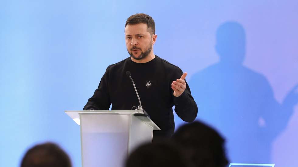 epa10501229 Ukrainian President Volodymyr Zelensky speaks at the 'United for Justice' conference in the Western Ukrainian city of Lviv, 03 March 2023. The 'United for Justice' conference bills itself as 'a global platform for developing comprehensive accountability mechanisms for international crimes.'  EPA/MYKOLA TYS