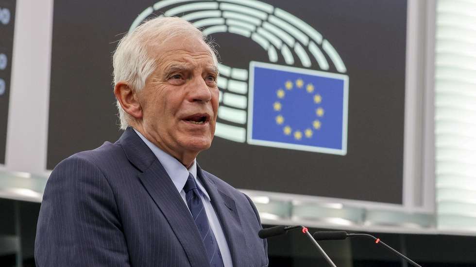 epa10925083 Josep Borrell, High Representative of the European Union for Foreign Affairs and Security Policy attends debate on 'Hamas terrorist attacks against Israel and humanitarian situation in Gaza' at the European Parliament in Strasbourg, France, 18 October 2023. The EU Parliament's session runs from 16 till 19 October.  EPA/JULIEN WARNAND