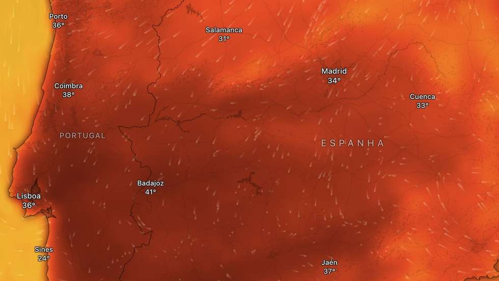 O mapa do calor em Portugal na quinta às 15h00 segundo o mapa do Windy.com