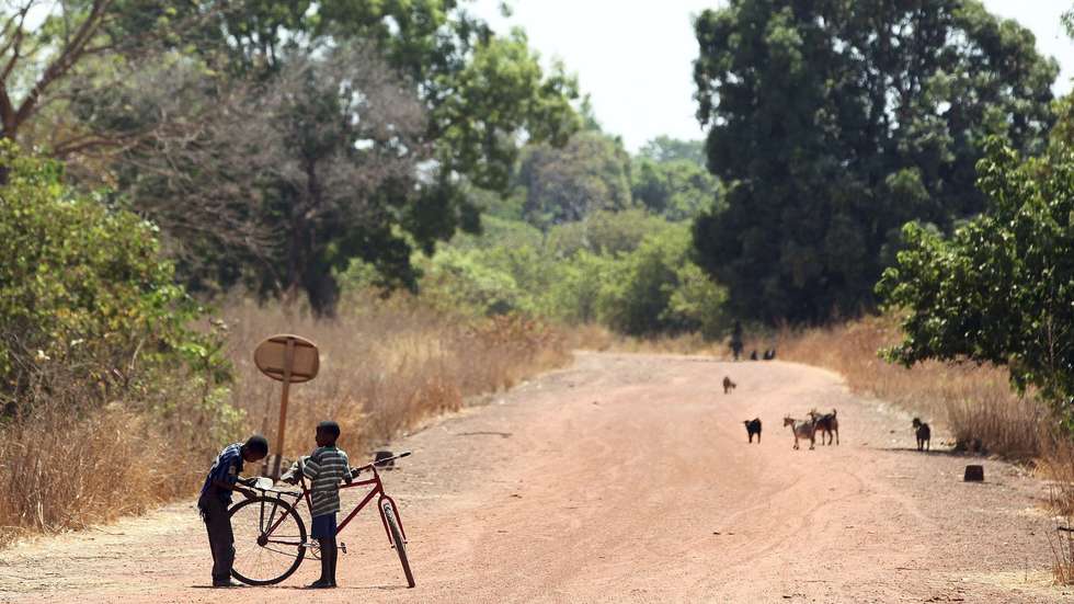 epa04158504 Children on the route to the village of Buruntuma near the border with Guinea near the village of Buruntuma, Guinea-Bissau, 07 April 2014. The electoral campaign for the legislative and presidential elections is resuming tomorrow after a three day mourning period due to the death of former President Kumba Iala last week.  EPA/TIAGO PETINGA