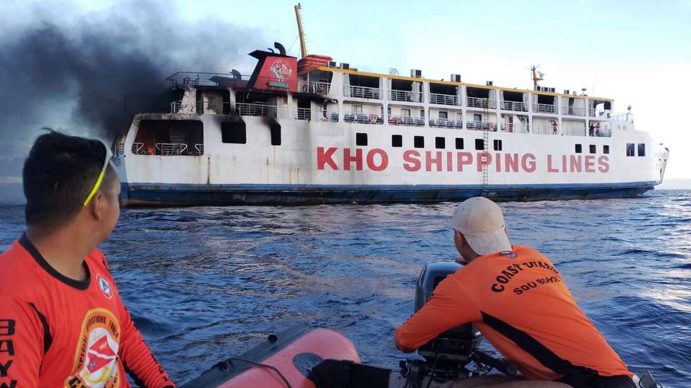 epa10697863 A handout photo made available by the Philippine Coast Guard (PCG) shows the fire on the passenger-cargo vessel MV Esperanza Star in waters off Panglao, Bohol province, Philippines 18 June 2023. Philippine Coast Guard personnel conducted firefighting and rescue operations on the vessel, which was initially reported to have approximately 120 passengers and crew on board.  EPA/PHILIPPINE COAST GUARD HANDOUT EDITORIAL USE ONLY/NO SALES HANDOUT EDITORIAL USE ONLY/NO SALES
