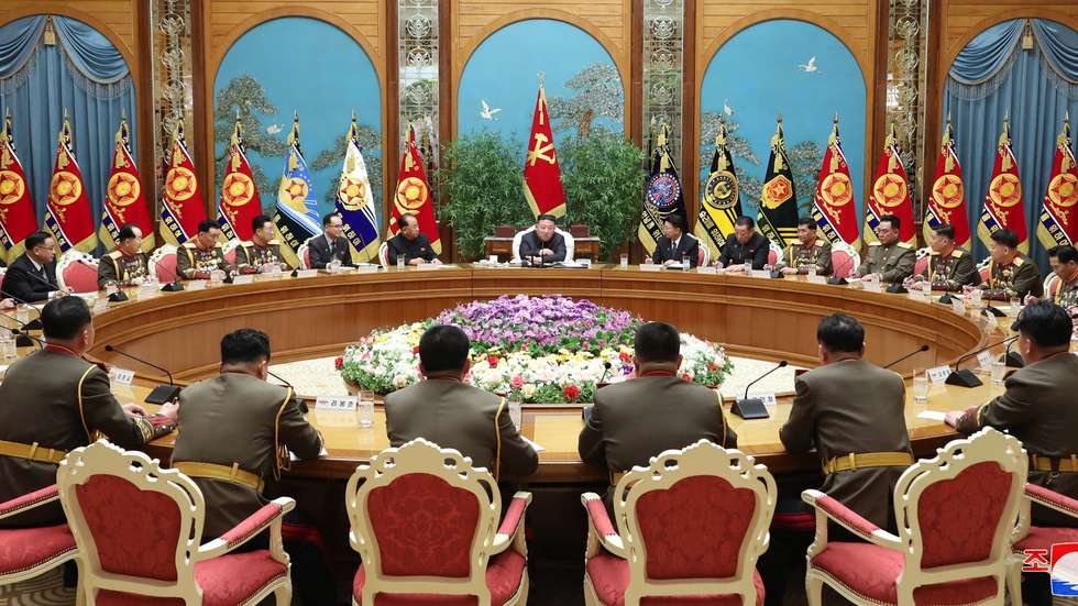epa10451776 A photo released by the official North Korean Central News Agency (KCNA) shows North Korean leader Kim Jong-un (C) speaking during an enlarged meeting of the Central Military Commission of the Workers' Party of Korea at the office of the party's Central Committee in Pyongyang, North Korea, 06 February 2023 (issued 07 February 2023). According to KCNA, the meeting 'discussed in depth major military and political tasks for 2023' and the 'long-term issues concerning the orientation for army building'.  EPA/KCNA   EDITORIAL USE ONLY