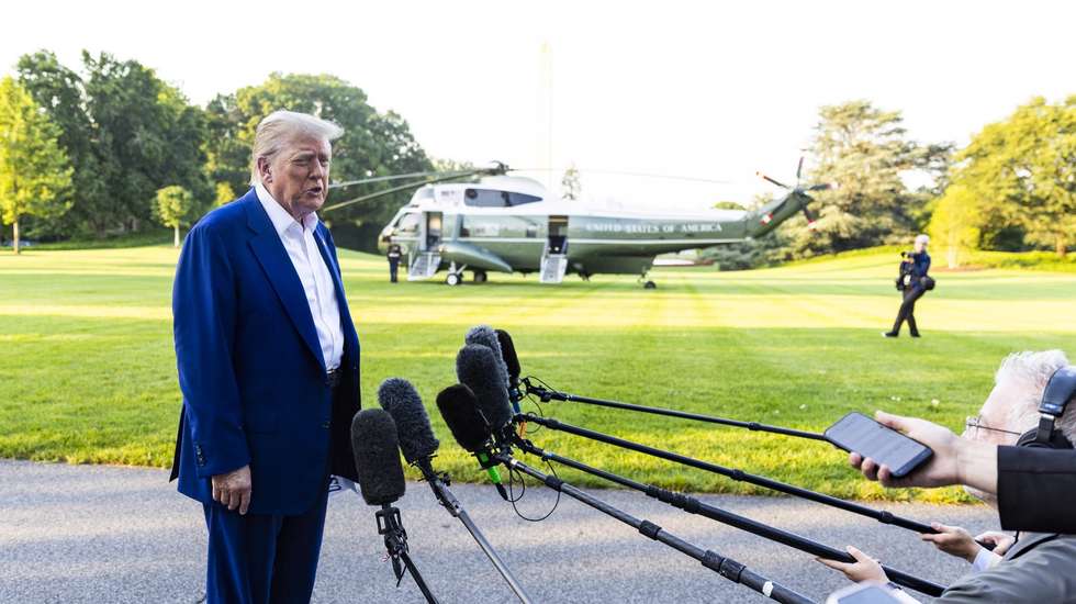 epa12194389 US President Donald Trump speaks to the media as he departs the White House for the NATO leaders summit, in Washington, DC, USA, 24 June 2025. The president answered questions about accusations of ceasefire violations in the Iran-Israel conflict.  EPA/JIM LO SCALZO