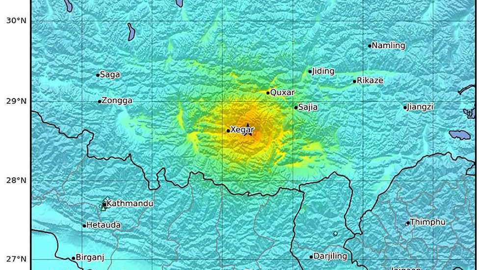 epa11810628 A handout shakemap made available by the United States Geological Survey (USGS) shows the location of a 7.1-magnitude earthquake hitting near Shigatse, Tibet, southern China, 07 January 2025. The epicenter of the earthquake was recorded at around 177 kilometers southwest from Shigatse, Tibet and according to the USGS, hit at a depth of 10 kilometres.  EPA/USGS / HANDOUT HANDOUT EDITORIAL USE ONLY/NO SALES