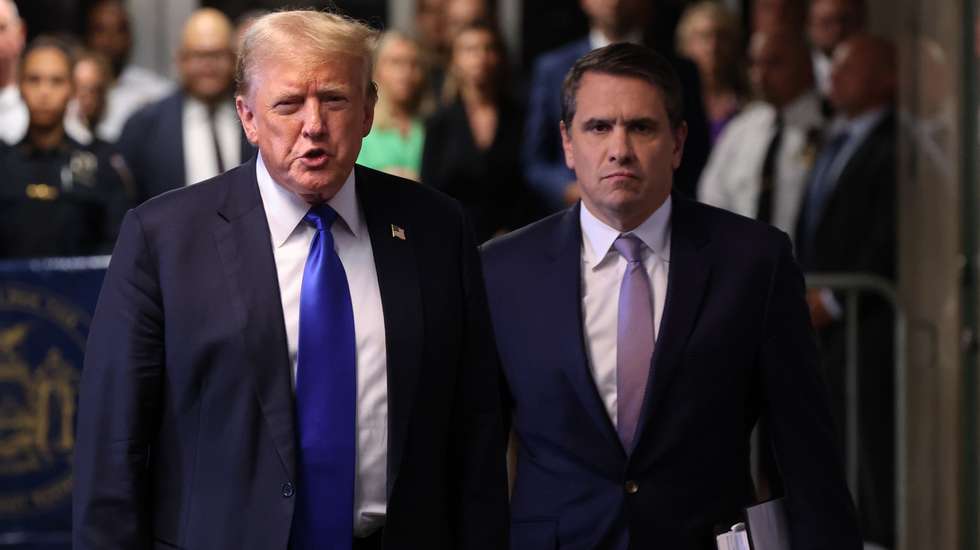 epa11380572 Former U.S. President Donald Trump gives brief remarks alongside his attorney Todd Blanche (R) after the conclusion of his hush money trial at Manhattan Criminal Court on May 30, 2024 in New York City. A jury has found former U.S. President Donald Trump guilty on 34 felony counts of falsifying business records in the first of his criminal cases to go to trial. Sentencing is set for July 11th.  EPA/Michael M. Santiago / POOL