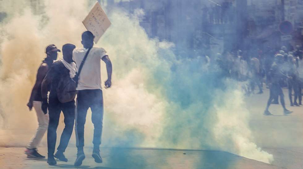 Clashes between group of young activists and police during an attempted demonstration to demand better living conditions and that a date be set for the first local elections during the celebrations of 45 years of the country's independence, in Luanda, Angola, 11 November 2020. The government of the province of Luanda prohibited the holding of this demonstration, citing several reasons, one of which is non-compliance with the Presidential Decree on the state of public calamity, which prevents gatherings of more than five people in the streets, as a measure to prevent and combat the spread of Covid-19. LUSA