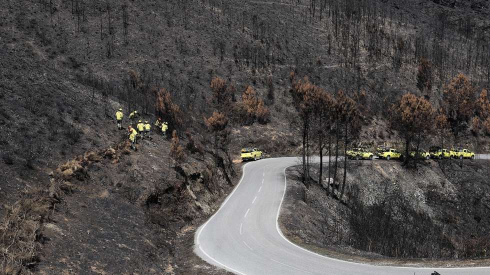 Sapadores florestais do Instituto da Conservação da Natureza e das Florestas (ICNF) fazem barreiras de proteção de terrenos, durante a do ministro da Agricultura e Mar, José Manuel Fernandes (ausente da fotografia), às áreas afetadas pelos incêndios, em Piódão, Arganil, 03 de setembro de 2025. PAULO NOVAIS/LUSA