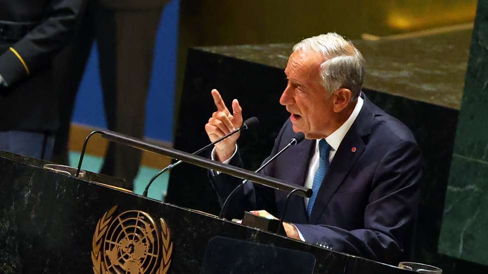 O Presidente da República, Marcelo Rebelo de Sousa, discursa durante a sessão de abertura da Assembleia Geral das Nações Unidas na sede da ONU, Nova Iorque, 19 de setembro de 2023. NUNO VEIGA/LUSA
