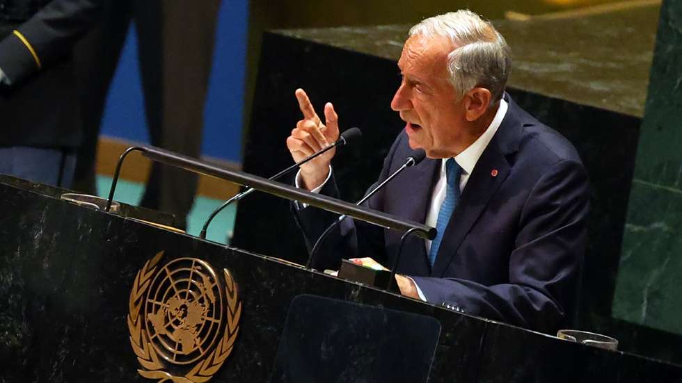 O Presidente da República, Marcelo Rebelo de Sousa, discursa durante a sessão de abertura da Assembleia Geral das Nações Unidas na sede da ONU, Nova Iorque, 19 de setembro de 2023. NUNO VEIGA/LUSA