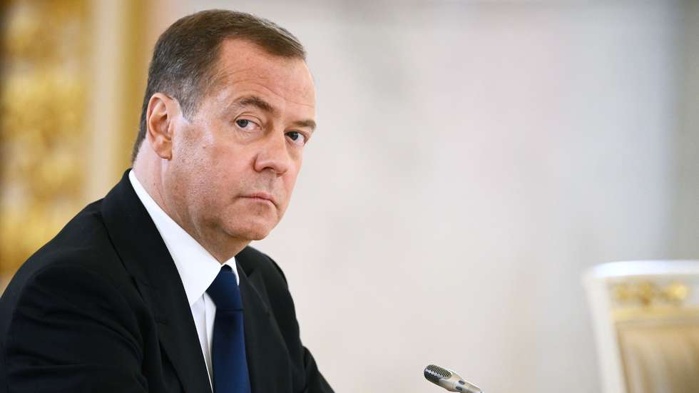 epa10535434 Deputy head of Russia's Security Council Dmitry Medvedev (R) attends the Russia - China talks at the Kremlin in Moscow, Russi 21 March 2023. Chinese President Xi Jinping arrived in Moscow on a three-day visit, which will last from March 20 to 22, according to Russian and Chinese state agencies. Xi Jinping visits Russia on improving joint partnership and developing key areas of Russian-Chinese economic cooperation.  EPA/ALEXEY MAYSHEV / SPUTNIK / KREMLIN POOL MANDATORY CREDIT