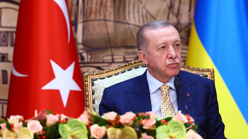 epa11207553 Turkish President Recep Tayyip Erdogan attends a press conference with Ukrainian President Volodymyr Zelensky (not pictured) in Istanbul, Turkey 08 March 2024. President Zelensky arrived for talks with his Turkish counterpart expected to focus on the war with Russia and the Black Sea grain shipments.  EPA/TOLGA BOZOGLU