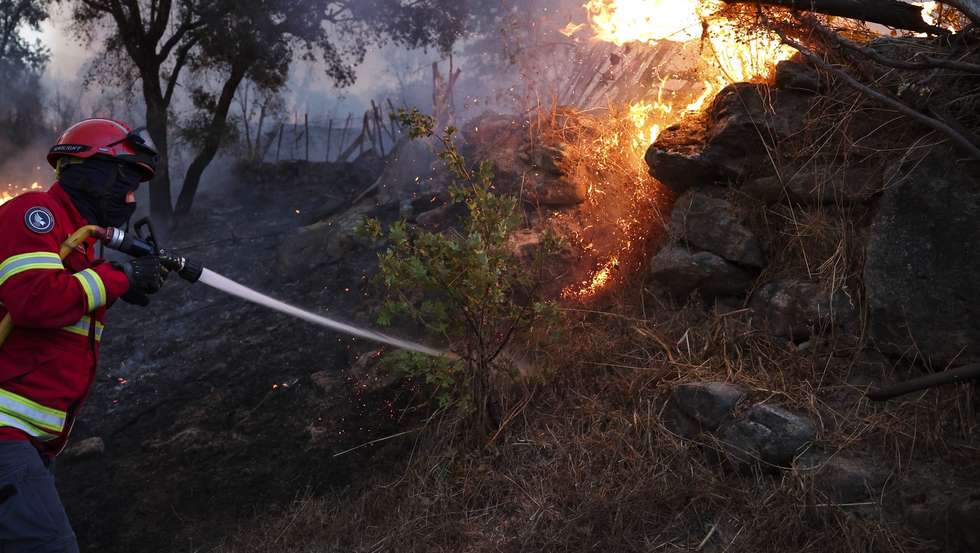 Um bombeiro comabte o incêndio florestal que começou em Ervedal da Beira, Oliveira do Hospital, mas passou para Caldas da Felgueira, no concelho de Nelas, em Viseu, 19 de setembro de 2025. O fogo que lavra desde a tarde de hoje em Oliveira do Hospital, no distrito de Coimbra, obrigou à retirada de mais de duas dezenas de pessoas das suas casas. PAULO NOVAIS/LUSA