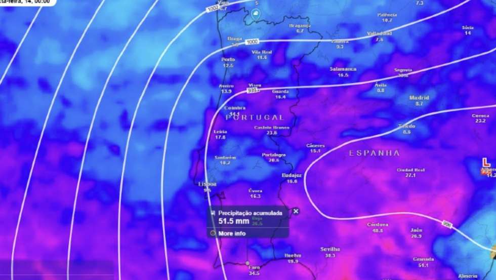 As previsões de acumulação de chuva até ao final do dia de quinta-feita