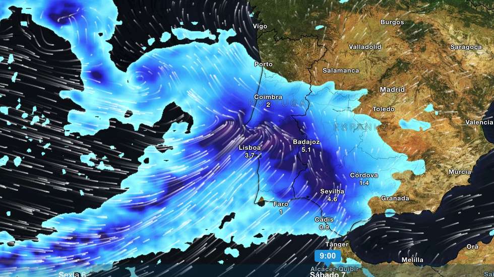 A chuva às 9h00 de sábado, segundo o modelo europeu