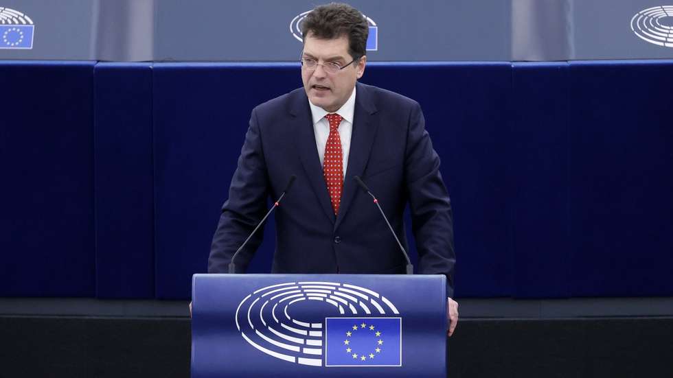 epa11184491 European Commissioner for Humanitarian Aid and Crisis Management, Janez Lenarcic, speaks during a debate on the 'War in the Gaza Strip, including recent developments related to the ICJ and UNRWA and in the region' at the European Parliament in Strasbourg, France, 27 February 2024. The EU Parliament's session runs from 26 till 29 February 2024.  EPA/RONALD WITTEK