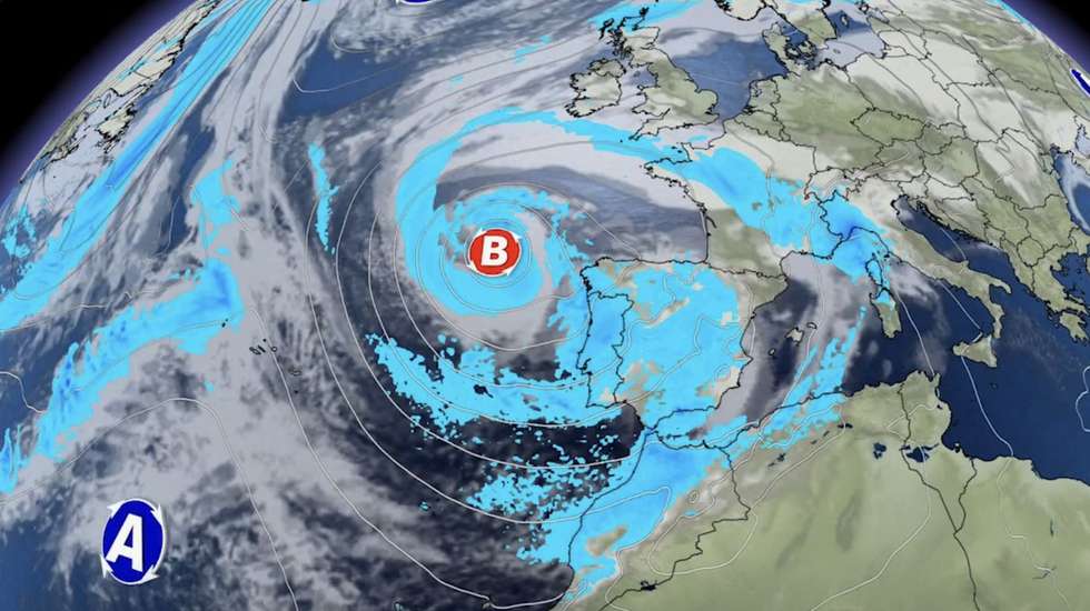O modelo da tempestade que se dirige para a Península Ibérica esta sexta e sábado segundo o site El Tiempo: batizada com o nome Jana