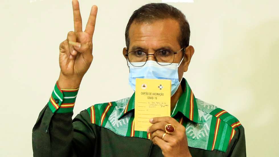 epa09119895 East Timorese Prime Minister Taur Matan Ruak gestures after receiving a shot of Vaxzevria (formerly AstraZeneca) COVID-19 vaccine in Dili, East Timor, also known as Timor Leste, 07 April 2021. East Timor has confirmed its first death from the COVID-19 on 06 April.  EPA/ANTONIO DASIPARU