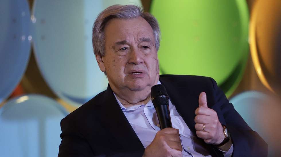 epa10421375 UN Secretary-General Antonio Guterres and Prime Minister of Cape Verde, Ulisses Correia e Silva (not pictured) attend Prime Minister's Speakers Series at the beginning of a three-day visit to the archipelago, Sao Vicente, 21 January 2023.  EPA/ELTON MONTEIRO