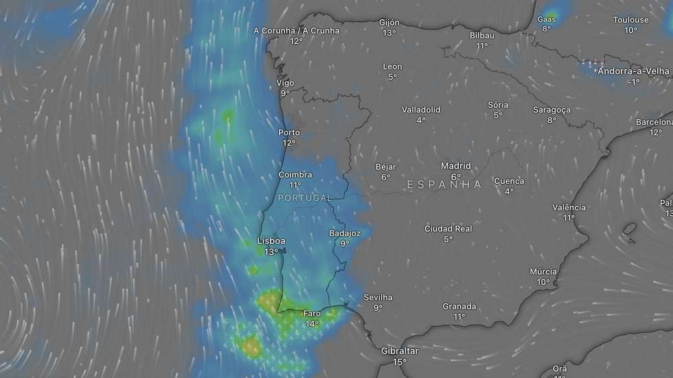 Primeira tempestade chega esta terça ao sul (Imagem Windy.pt)