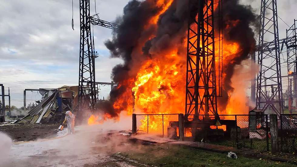 epa10258934 An undated handout photo made available by the official telegram channel of the President of Ukraine Volodymyr Zelensky on 22 October 2022 shows Ukrainian rescuers responding to a fire at an infrastructure object hit by shelling at an undisclosed location, Ukraine, amid Russia's invasion. The Ukrainian president said on his official telegram channel that RussiaÂ launched 'a massive attack' on critical objects in Ukraine with 36 rockets, most of which were shot down by air defense services. Russian troops entered Ukraine on 24 February 2022 starting a conflict that has provoked destruction and a humanitarian crisis.  EPA/TELEGRAM/V ZELENSKIY_OFFICIAL HANDOUT -- BEST QUALITY AVAILABLE -- MANDATORY CREDIT -- HANDOUT EDITORIAL USE ONLY/NO SALES