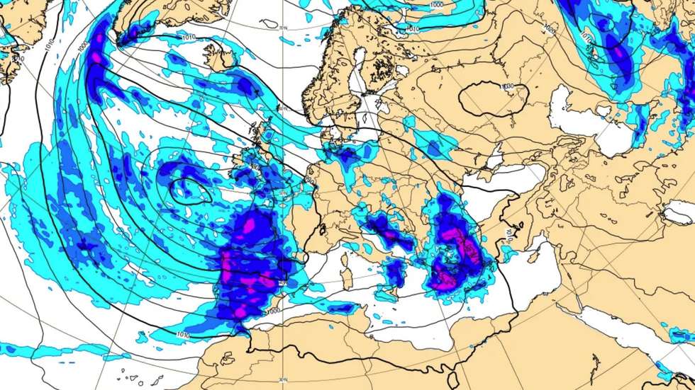 Portugal e Espanha esta quinta-feira às 12h00 banhados pela sistema frontal da Leonardo: os dois países com mais chuva na Europa