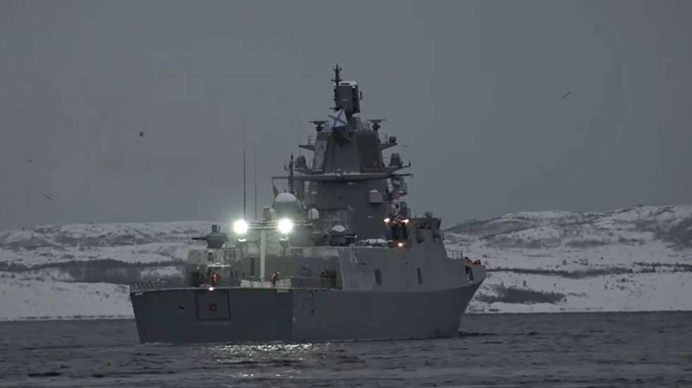 epa10389245 A still image taken from a handout video made available on 04 January 2023 by the Russian Defence Ministry shows ceremony to launch the frigate Admiral Gorshkov armed with hypersonic missiles Zircon at a undisclosed location.  EPA/RUSSIAN DEFENCE MINISTRY / HANDOUT BEST QUALITY AVAILABLE HANDOUT EDITORIAL USE ONLY/NO SALES