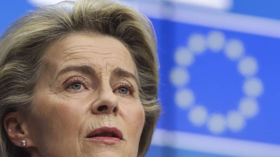 epa09036677 European Commission President Ursula von der Leyen and European Council President Charles Michel (unseen) give a joint press conference at the end of the first of a two days video conference of the members of the European Council on the COVID-19 pandemic, in Brussels, Belgium, 25 February 2021. The EU Council announced that EU leaders will take stock of the epidemiological situation. They will continue working to coordinate their response to the COVID-19 pandemic, focusing in particular on the authorisation, production and distribution of vaccines and the movement of persons.  EPA/OLIVIER HOSLET / POOL