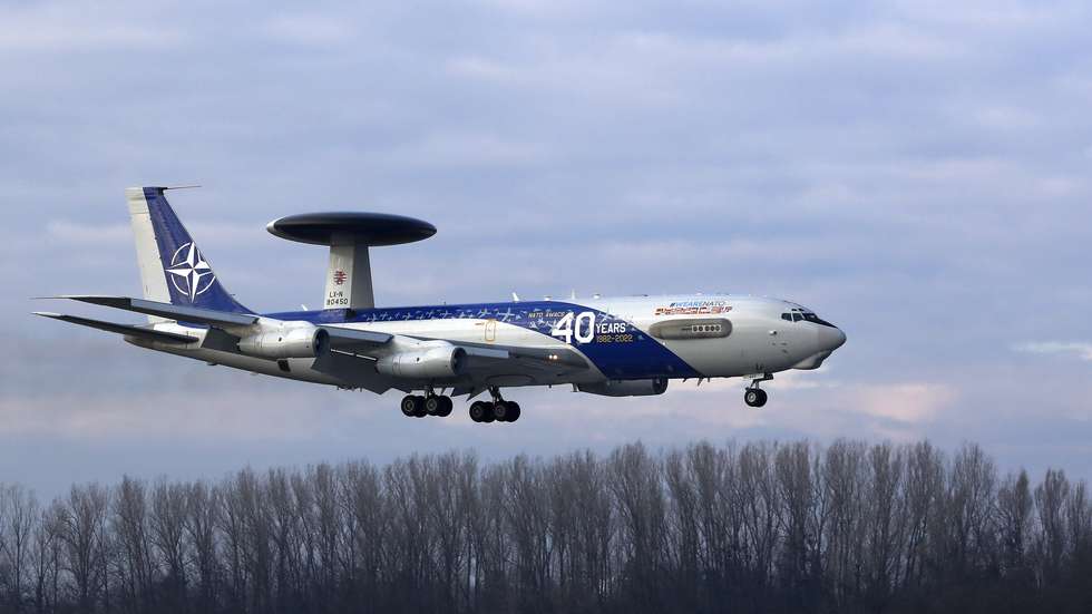 epa10411417 The NATO Airborne Warning and Control System (AWACS) military aircraft prepares for landing at Otopeni Military Airport (Airbase No.90), near Bucharest, Romania, 17 January 2023. The AWACS is used by NATO with the respectively adapted aircrafts for long-range radar surveillance. Three AWACS aircrafts are planned to arrive from their permanent NATO airbase of Geilenkirchen, Germany, in the context of the application of measures to strengthen the defensive posture of the Alliance in the Black Sea region. The three NATO surveillance war planes will be based in Romania for about two months.  EPA/ROBERT GHEMENT