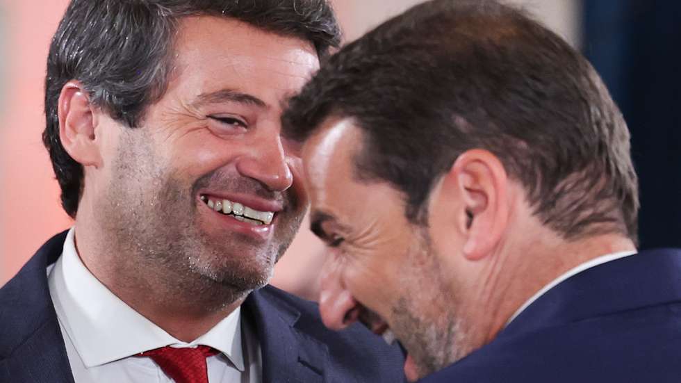 Chega far-right party President Andre Ventura (L) and secretary-general of the Social Democratic Party (PSD) Hugo Soares during the swearing in cerimony of the XXV Constitutional Government held at Ajuda Palace, in Lisbon, Portugal, 05 June 2025. The AD coalition (PSD/CDS-PP), led by Luís Montenegro, won the legislative elections without an absolute majority, electing 91 deputies out of 230, of which 89 are from the PSD and two from the CDS-PP. Chega became the second largest parliamentary force with 60 MPs, followed by PS with 58, IL with nine, Livre with six, PCP with three and BE, PAN and JPP with one each. JOSE SENA GOULAO/LUSA