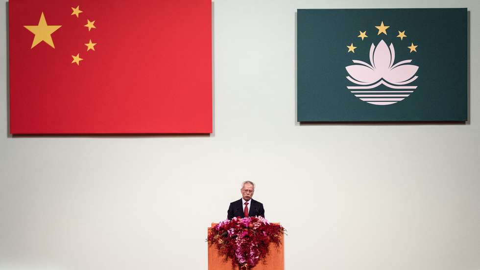 epa11786692 New Chief Executive of the Macao Special Administrative Region (MSAR) Sam Hou Fai speaks after taking the oath of office during his swearing-in ceremony at the Dome in Cotai, Macau, China, 20 December 2024. Xi Jinping visited the city to mark the 25th anniversary of the establishment of the Macao Special Administrative Region (MSAR) and its handover to China on 20 December 1999.  EPA/GONCALO LOBO PINHEIRO