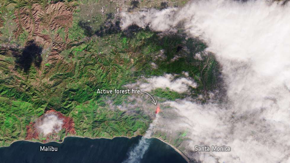 Imagem satélite Copernicus, ESA, incêndios Los Angeles, 7 de janeiro de 2025