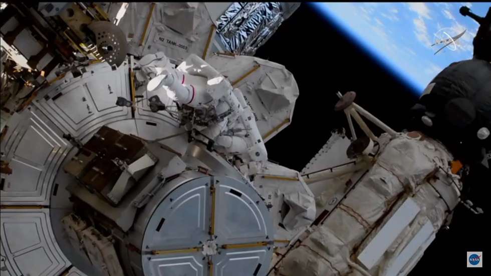 epa09054512 A handout photo made available by NASA shows US astronauts Kate Rubins and Soichi Noguchi performing a spacewalk in order to implement upgrades to the International Space Station (ISS), 05 March 2021.  EPA/NASA HANDOUT  HANDOUT EDITORIAL USE ONLY/NO SALES
