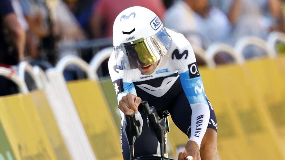 epa12226940 Portuguese rider Nelson Oliveira of Movistar Team crosses the finish line of the 5th stage of the Tour de France cycling race, an Individual Time Trial over 33km in Caen, France, 09 July 2025.  EPA/MARTIN DIVISEK