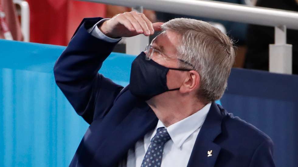 epa09370541 The president of the International Olympic Committee Thomas Bach reacts during the Artistic Gymnastics Women Final of the Tokyo 2020 Olympic Games at the Ariake Gymnas?tics Centre in Tokyo, Japan, 27 July 2021.  EPA/TATYANA ZENKOVICH