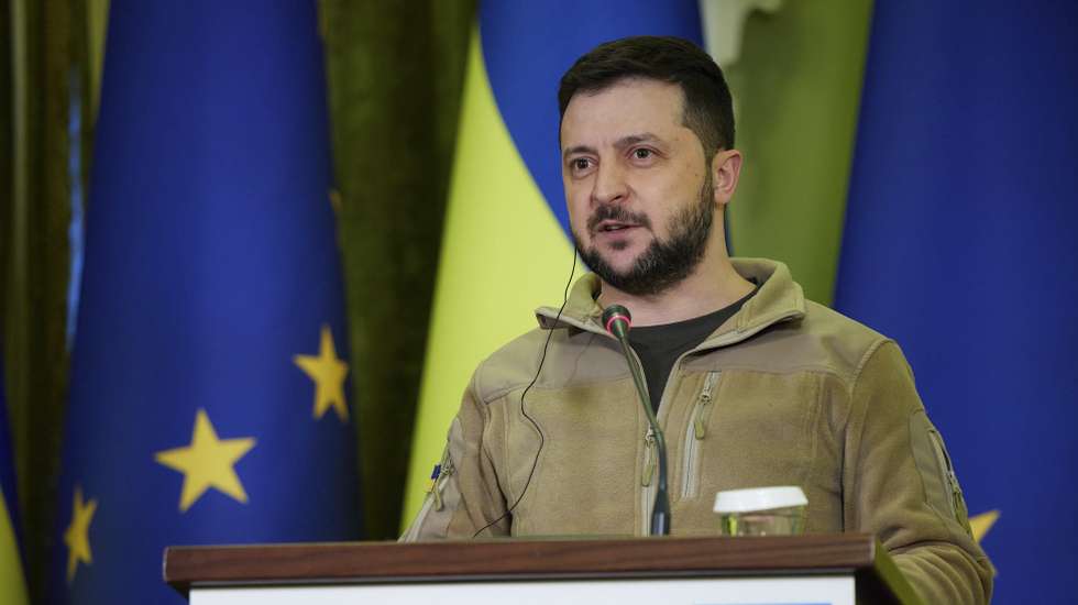 epa09899412 A handout picture made available by the Presidential press service shows the President of Ukraine Volodymyr Zelensky speaking during a joint press conference with the President of the European Council Charles Michel (not pictured) in Kyiv, Ukraine, 20 April 2022. Charles Michel arrived in Kyiv to meet with top Ukrainian officials amid the Russian invasion.  EPA/PRESIDENTIAL PRESS SERVICE HANDOUT HANDOUT  HANDOUT EDITORIAL USE ONLY/NO SALES HANDOUT EDITORIAL USE ONLY/NO SALES