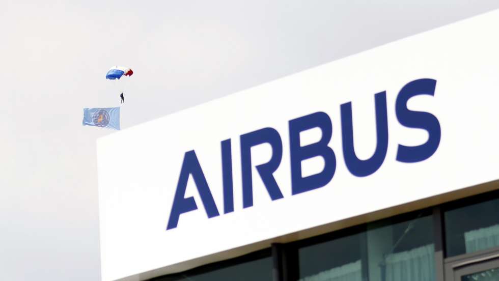 epa12187108 The Airbus logo at the company's pavilion during the 55th edition of the International Paris Air Show at the Paris-Le Bourget Airport, in Le Bourget, near Paris, France, 20 June 2025. The Paris Air Show, one of the largest trade fairs of the aerospace-industry and air shows in the world, runs from 16 to 22 June.  EPA/MOHAMMED BADRA / POOL