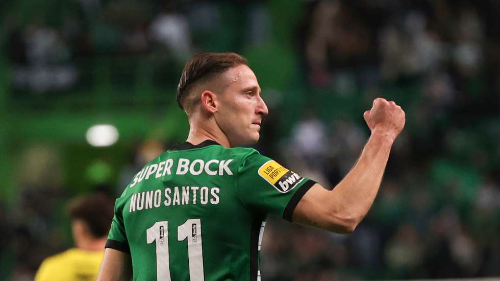 Sporting`s Nuno Santos celebrates afer scoring a goal against Boavista during their Portuguese First League soccer match held at Alvalade Stadium, Lisbon, Portugal, 12 March 2023. MANUEL DE ALMEIDA/LUSA