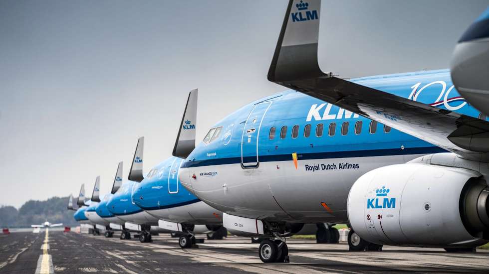 epa08809867 Twelve KLM passenger planes are grounded for the winter at Groningen Airport Eelde, the Netherlands, 09 November 2020.  EPA/SIESE VEENSTRA