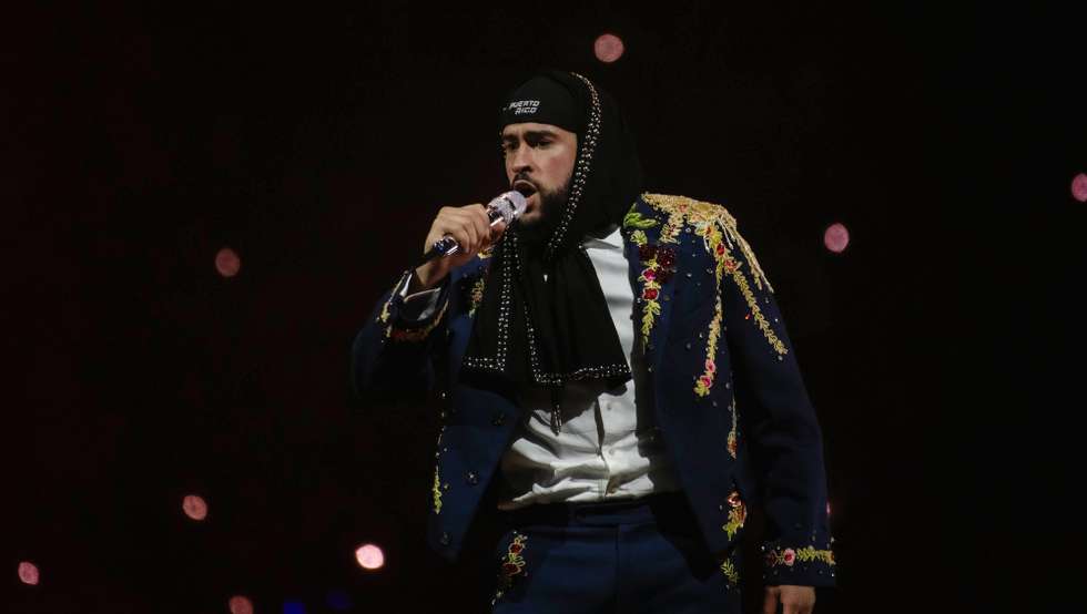 epa11396971 Puerto Rican rapper and singer Bad Bunny performs during his 'Most Wanted Tour' closing concert in San Juan, Puerto Rico, 07 June 2024.  EPA/ENID M. SALGADO MERCADO