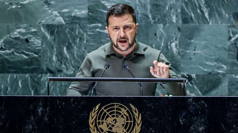 epa10870096 President of Ukraine Volodymyr Zelensky speaks during the 78th session of the United Nations General Assembly at the United Nations Headquarters in New York, New York, USA, 19 September 2023.  EPA/JUSTIN LANE