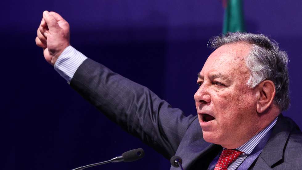 O vice-presidente do Chega, Tanger Correia, intervém no segundo dia da V Convenção Nacional do seu partido, em Santarém, 28 de janeiro de 2023. TIAGO PETINGA/LUSA