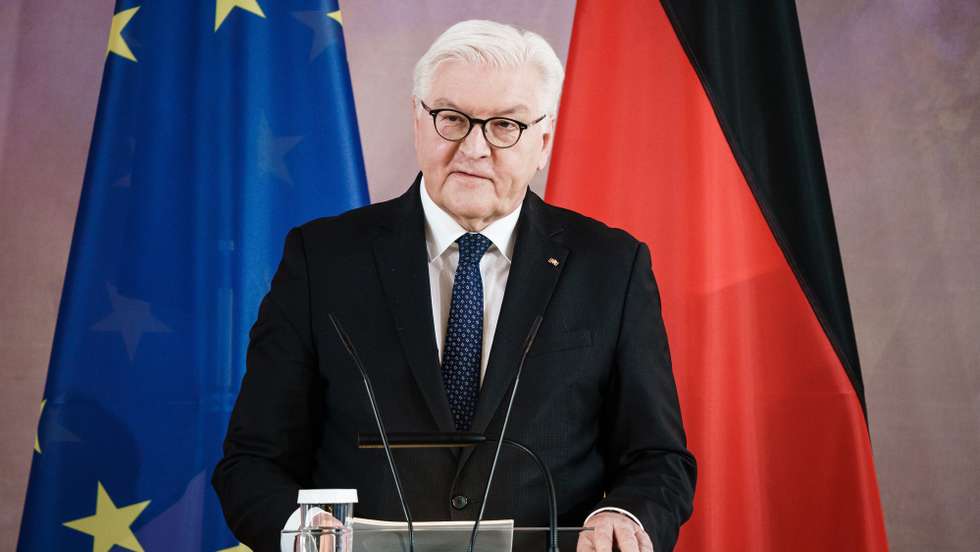 epa09816840 German President Frank-Walter Steinmeier speaks during the 'On the Future of Democracy - How Do We Strengthen the Republic?' symposium at Bellevue Palace in Berlin, Germany, 11 March 2022. Austrian Federal President Alexander Van der Bellen takes part in the symposium.  EPA/CLEMENS BILAN