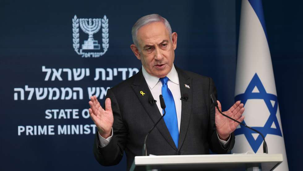 epa11584955 Israeli Prime Minister Benjamin Netanyahu during a press conference for the international media at the Government Press office in Jerusalem, 04 September 2024. The Israeli Prime Minister said that in order prevent Hamas from rearming , Israel 'must have control' over Philadelphi Corridor, a narrow strip of land along the border between the Gaza Strip and Egypt.  EPA/ABIR SULTAN EPA POOL