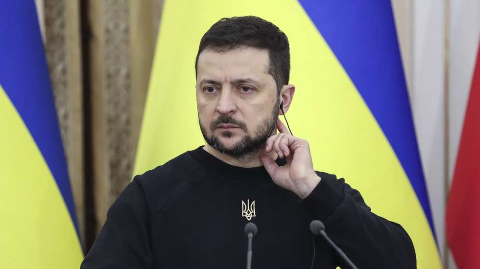 epa10400170 Ukrainian President Volodymyr Zelensky during a joint press conference with  Lithuanian President Gitanas Nauseda and Polish President Andrzej Duda (not pictured) after their meeting in the Western Ukrainian city of Lviv, Ukraine, 11 January 2023. Andrzej Duda and Gitanas Nauseda arrived in Lviv to meet with top Ukrainian officials, take part in the Second Summit of the Lublin Triangle, and express their support for Ukraine amid the Russian invasion.  EPA/MYKOLA TYS
