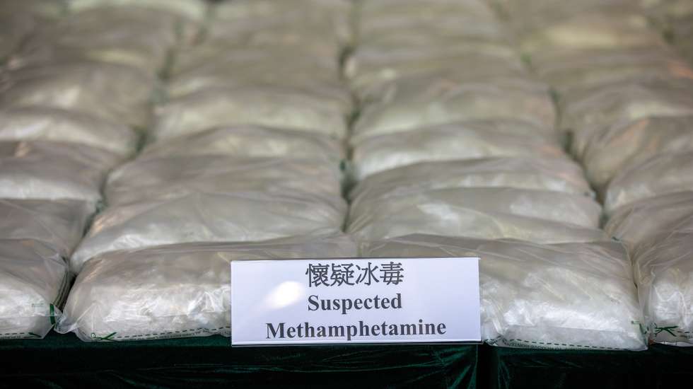 epa08792354 Seized methamphetamine is displayed at a Hong Kong Customs and Excise facility in Hong Kong, China, 02 November 2020. Hong Kong Customs detected the largest-ever methamphetamine trafficking case on 20 October 2020 and seized over 500 kilograms of suspected methamphetamine with an estimated market value of 298 million US dollar (33 million euro).  EPA/JEROME FAVRE