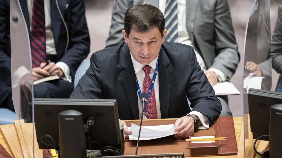 epa09483485 Dmitry Polyanskiy, first deputy permanent representative of Russia to the United Nations, speaks at a meeting of the United Nations Security Council during the 76th Session of the U.N. General Assembly in New York City, New York, USA, 23 September 2021.  EPA/JOHN MINCHILLO / POOL