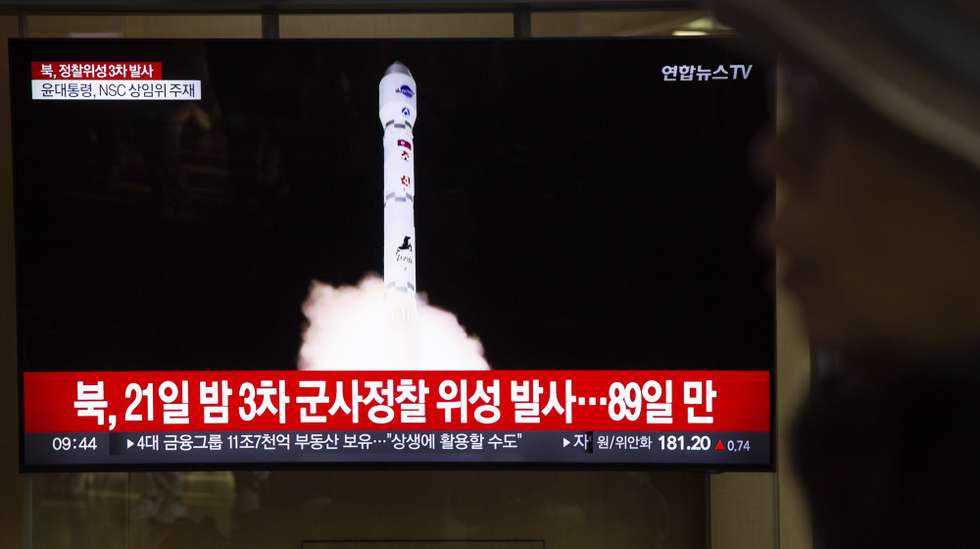 epa10988726 A tv monitor displays daily news at a station in Seoul, South Korea, 22 November 2023. According to South Korea's Joint Chiefs of Staff (JCS), North Korea launched a new-type carrier rocket 'Chollima-1' with the reconnaissance satellite 'Malligyong-1' from Sohae Satellite Launching Ground in Cholsan County, on 21 November 2023. According to KCNA, North Korea's National Aerospace Technology Administration (NATA) successfully launched 'Chollima-1' and 'accurately put the reconnaissance satellite 'Malligyong-1' on its orbit at 22:54:13, 705s after the launch'.  EPA/JEON HEON-KYUN