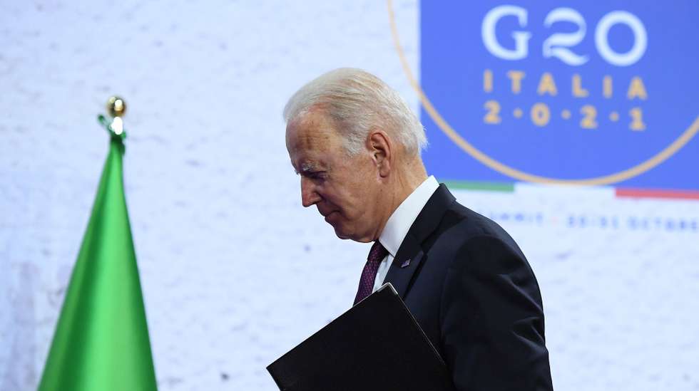 epa09556562 US President Joe Biden attends a press conference after the G20 Leaders' Summit at La Nuvola Congress Centre in Rome, Italy, 31 October 2021. The Group of Twenty (G20) Heads of State and Government Summit was held in Rome on 30 and 31 October 2021.  EPA/ETTORE FERRARI