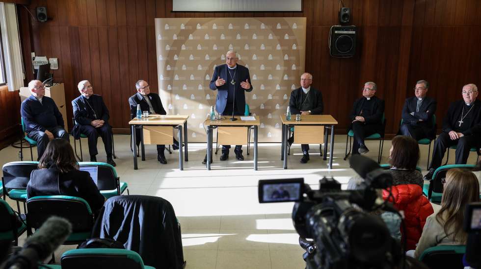 Jose Ornelas (C), president of the Portuguese Episcopal Conference (CEP), makes a statement regarding the presentation of the final report of the Independent Commission for the Study of Sexual Abuse of Children in the Portuguese Catholic Church, Catholic University of Portugal, Lisbon, Portugal, 13th February 2023. Pointing to the Extraordinary Plenary Assembly of CEP already scheduled for March 3, in Fatima, he admitted that on that occasion "it will be possible to point out concrete measures to be developed. MIGUEL A. LOPES/LUSA
