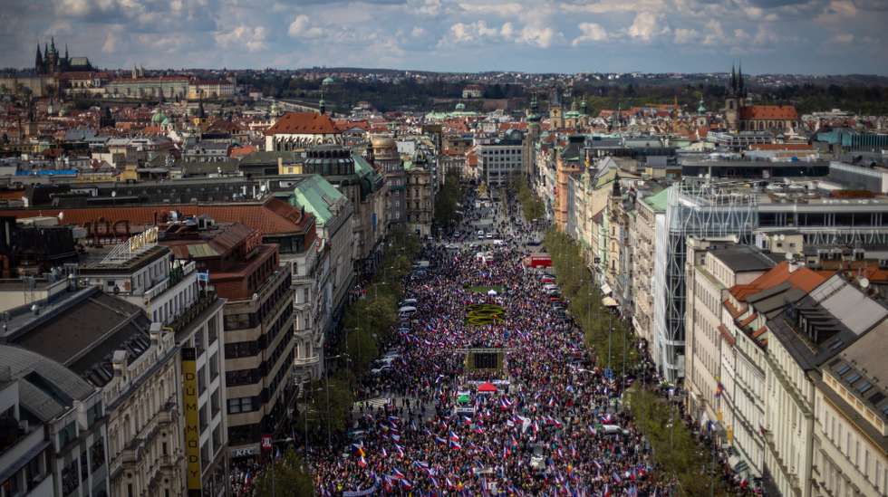 epa10575565 People take part in an anti-government demonstration called 'Czech Republic Against Poverty' at Wenceslas Square in Prague, Czech Republic, 16 April 2023. Thousands of participants attended a protest, organized by the non-parliamentary party Law, Respect, Expertise (PRO), calling for the government to resign and protesting against economic poverty. They also called on the government to seek a peaceful resolution to the war in Ukraine.  EPA/MARTIN DIVISEK
